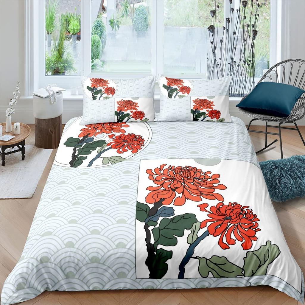 Japanese Style King Queen Duvet Cover Koi Fish Cherry Bedding Set Ukiyo-E Geisha Quilt Cover Sun Crane Polyester Comforter Cover