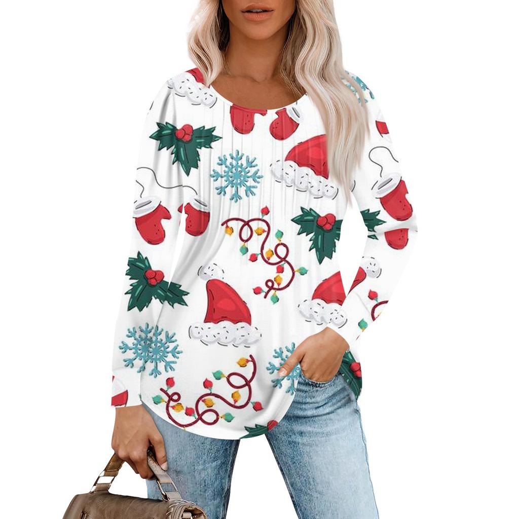 Женская повседневная футболка с круглым вырезом и длинными рукавами с рождественским принтом и складками