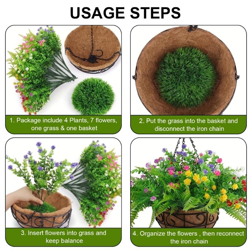 Artificial Hanging Flower in Basket for Outdoor Indoor Courtyards Decorations, Hanging Flower Plant Basket for Spring