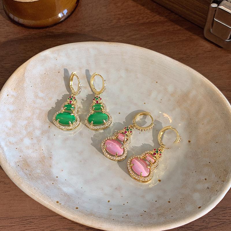Real gold electroplated zircon gourd pendant ear buckle new versatile earrings light luxury high-end earrings women
