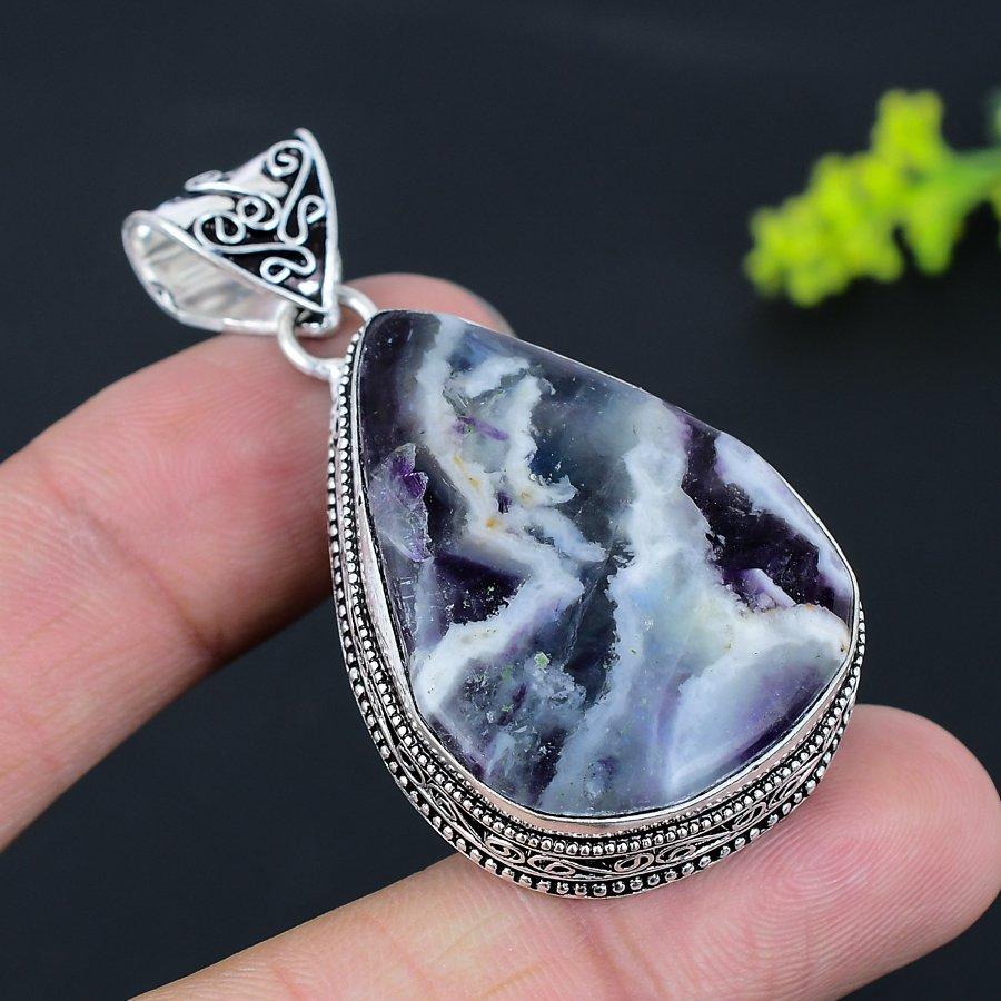 Chevron Amethyst Gemstone Handmade 925 Sterling Silver Pendant 2.21" O2T69