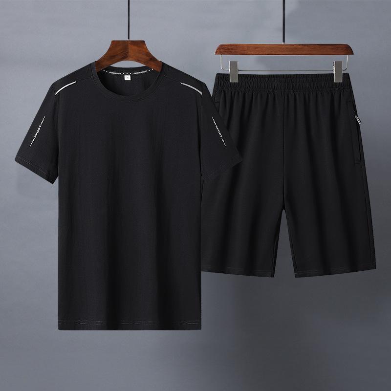 Летний мужской повседневный костюм с короткими рукавами, дышащий, из чистого хлопка, для бега, спортивная одежда больших размеров, комплект из двух предметов