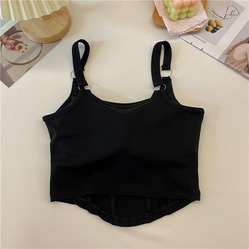 Letter Embroidered Knitted Short Tank Tops With Bra Pad Sexy Slim Stripe Tops Shoulder Belt Iron Ring Tank Top