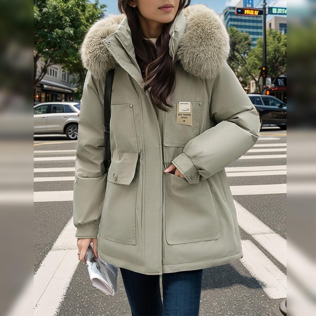 Women's Fashionable Skinny Plush Collar Zipper Hooded Winter Warm Cotton Coat Down Jacket