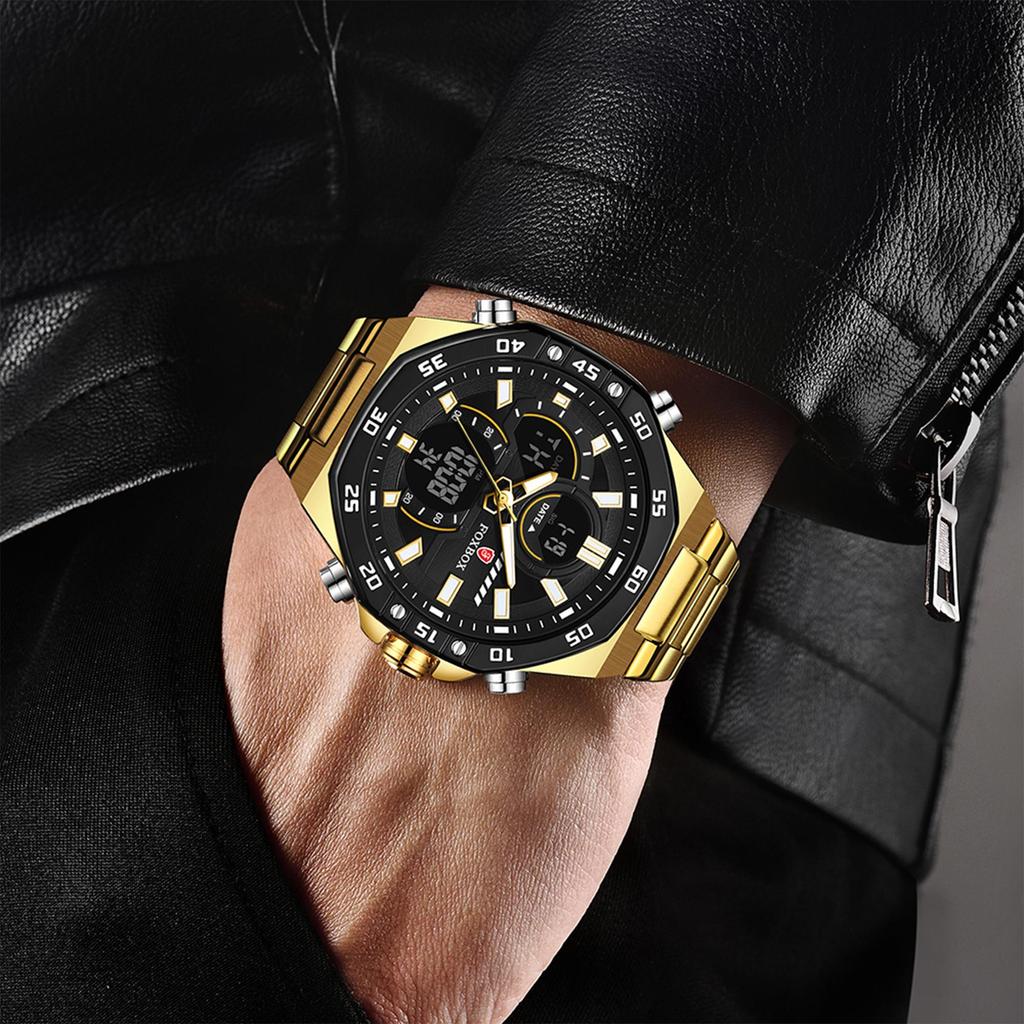 LIGE Лидирующий бренд FOXBOX 2024 Новые полностью стальные мужские часы с цифровым двойным дисплеем, ночником, водонепроницаемые кварцевые часы