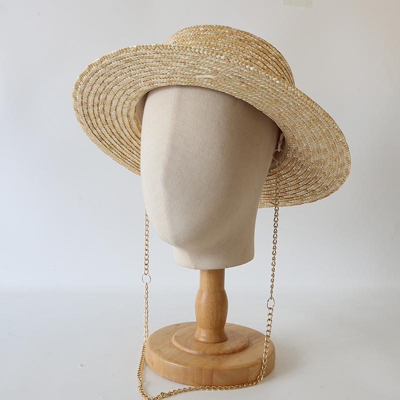 Natural Boat Straw Hat Fashion Letter Sun Hat for Women with Chain Elegant Ladies Party Dress Travel Beach  Hats
