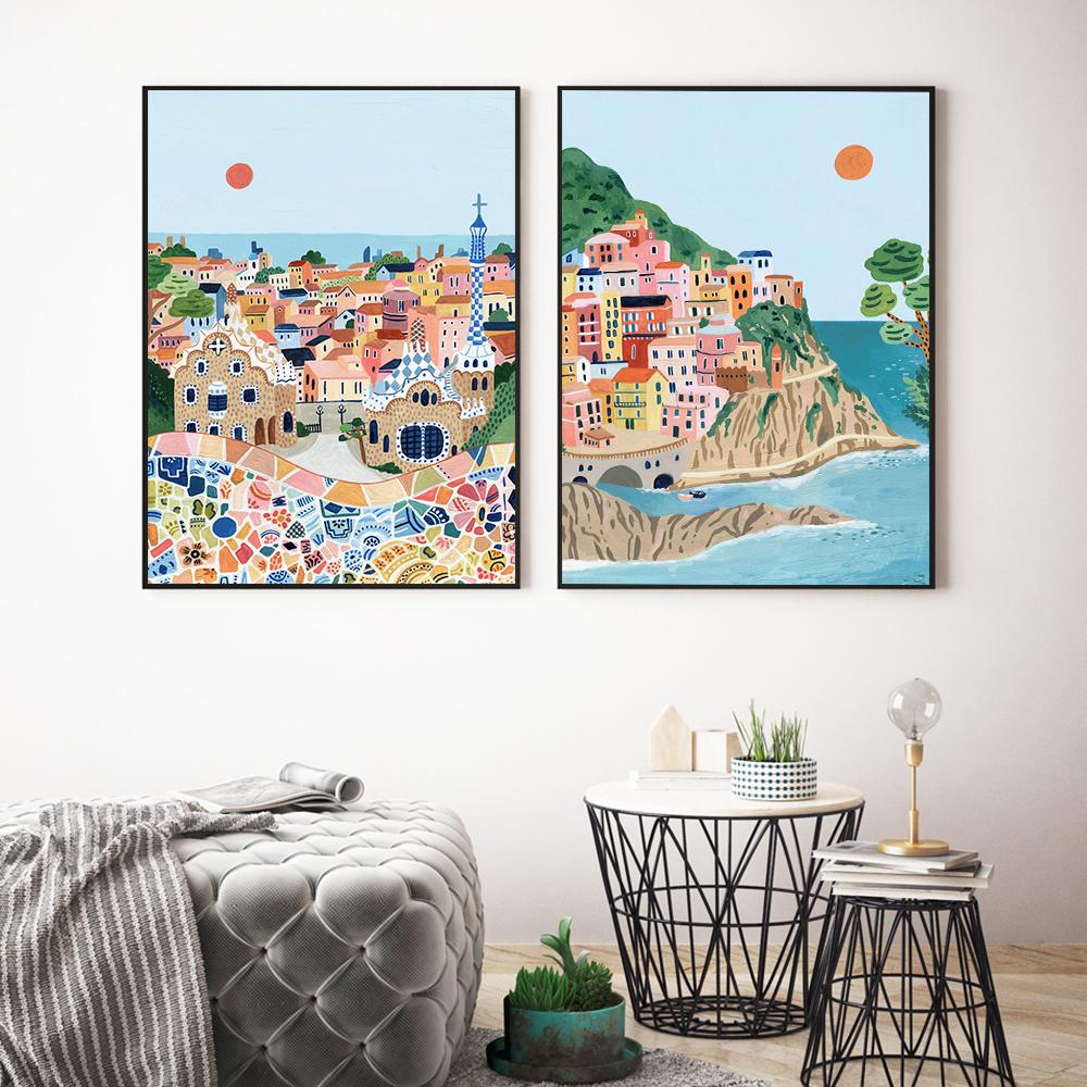 Nordic Vintage Travel City Poster Barcelona Turky Italy Landscape Art Canvas Painting Housewarming Gift Wall Pictures Home Decor