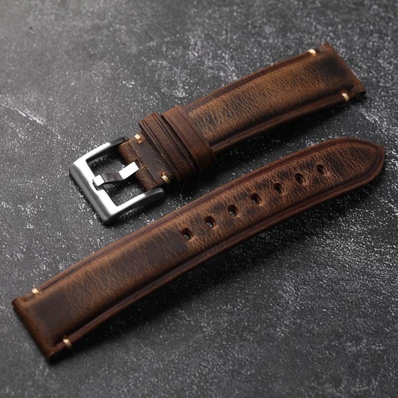 For Italian Oil Wax Leather Vintage Men Strap 18 19 20 21 22MM Thick Watch Bracelet Crazy Horse Leather Brown Bracelet