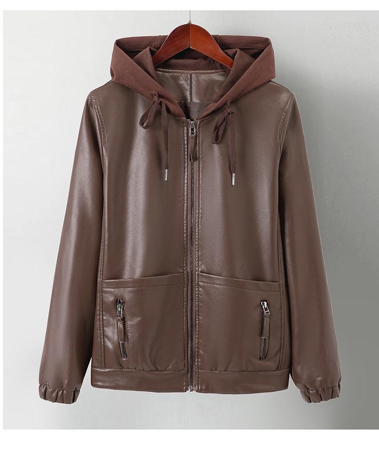 Весна/Осень 2025 Женское короткое пальто из ПУ кожи с капюшоном - Стильная куртка на молнии для молодых мам.