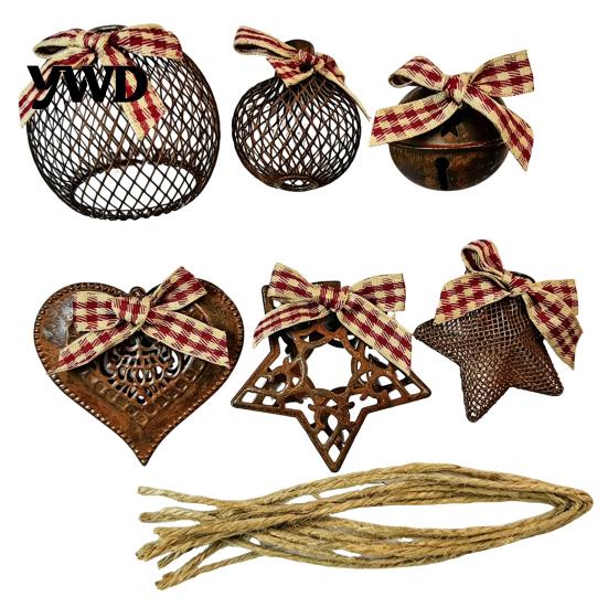 Indoor Winter Festival Hanging Ornaments 6 Pcs Rusty Iron Christmas Ornaments, Hollow Metal Tree Star Heart Rustic Fireplace Garland Decorations Ball