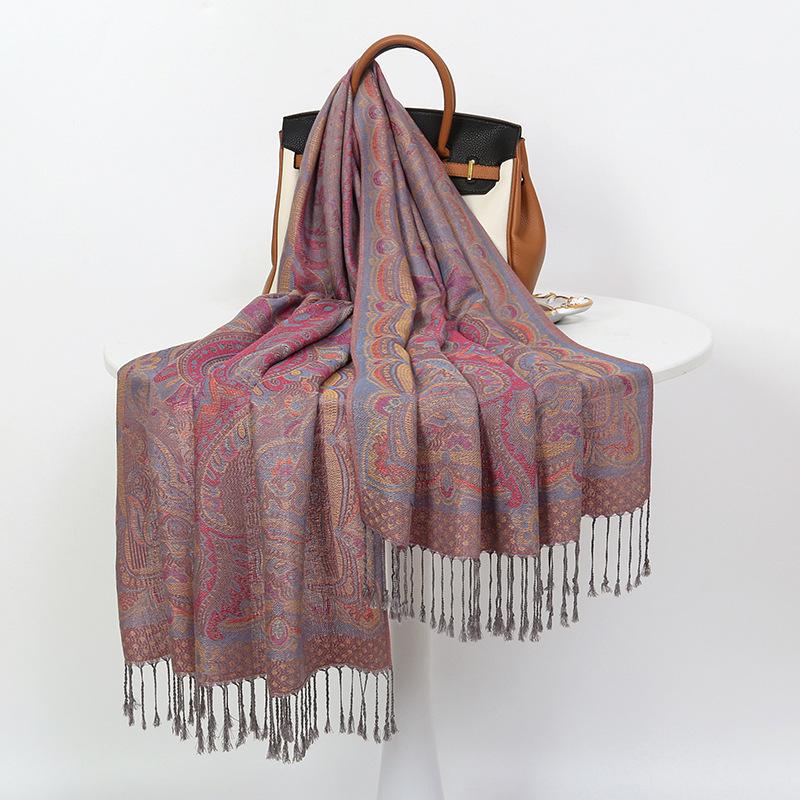 Autumn And Winter Baolian Lamp Warm Shawl Imitation Cashmere Belt Beard Long Towel Ethnic Style Cashew Jacquard Scarf