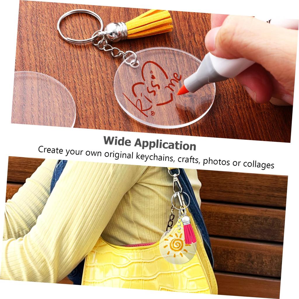 EXCEART 120pcs 2-inch Clear Acrylic Key Ring Blanks with Tassels and Jump Rings, DIY Keychains, Craft Supplies, Smooth Edges, Protective Film Included