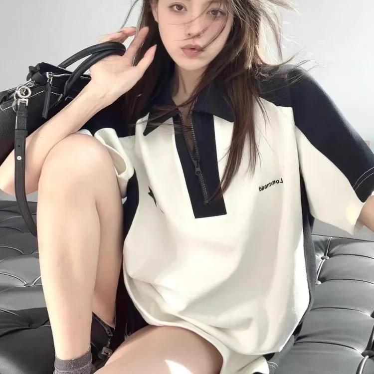 VAYLA Корейская футболка на молнии Y2k Винтажная Повседневная K-pop Мода Летняя Гранж Оверсайз Белые Футболки Свободный Топ с Коротким Рукавом