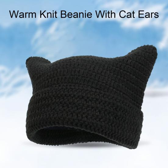 Autumn Winter Outdoor Warm Knitting Caps Cute Striped Cat Ear Hat No Brim Thickened Stretchy Yarn Knitted Beanie Hat