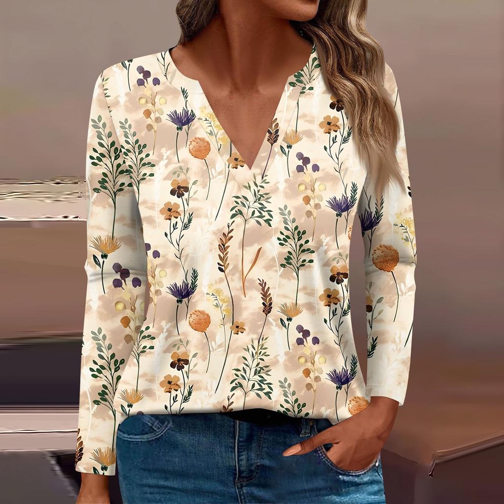 Женская модная повседневная футболка с V-образным вырезом и длинным рукавом, винтажный цветочный принт