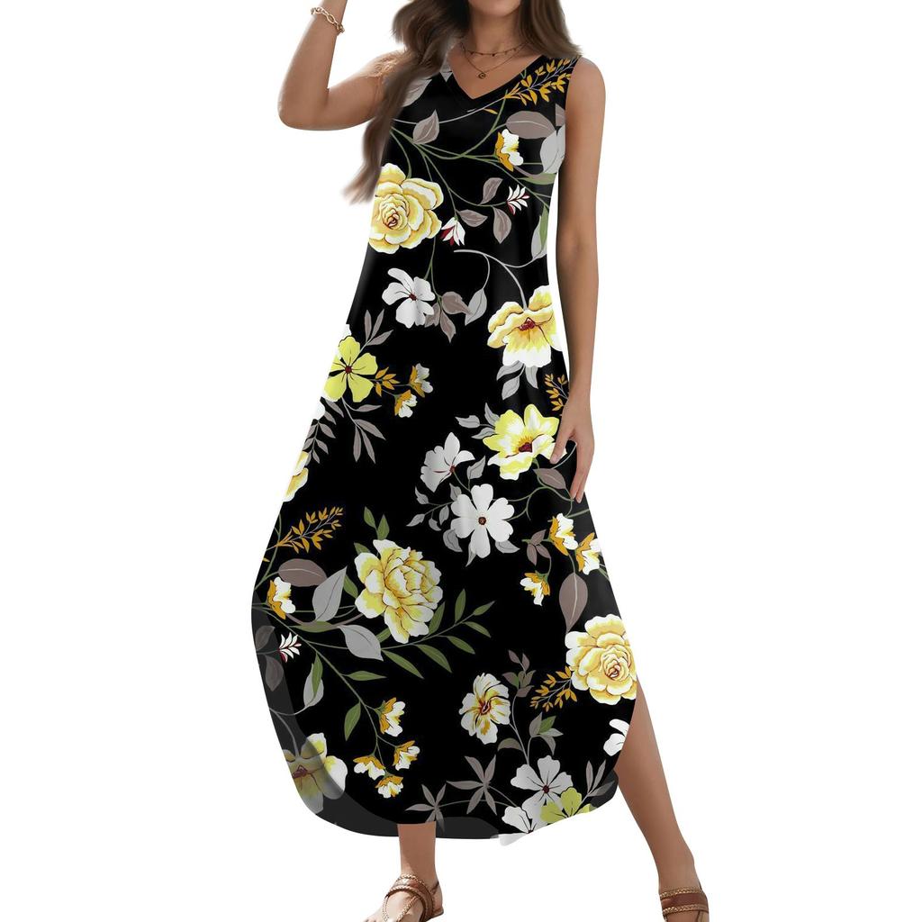 Женский 2024 летний повседневный свободный сарафан длинное платье с цветочным принтом без рукавов с v-образным вырезом и разрезом футболка платья макси