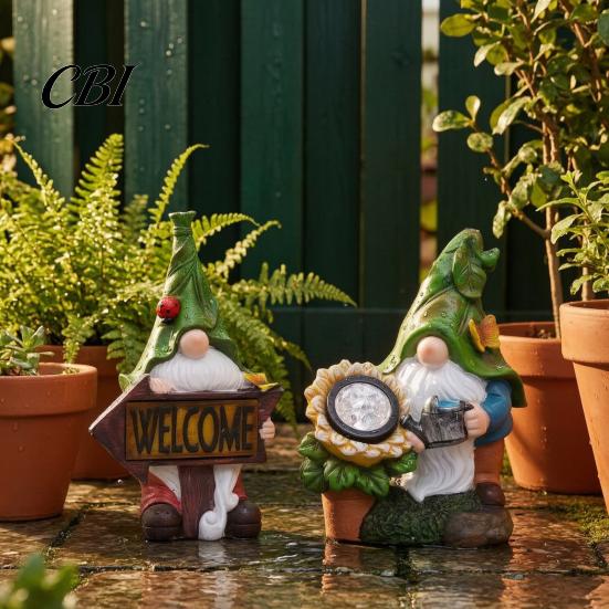 Solar Energy Garden Light Gnome Statue with Light, Cute Resin Watering/Holding Plaque/Pumping Waterproof Patio Decorative Figurine Water Sculpture for
