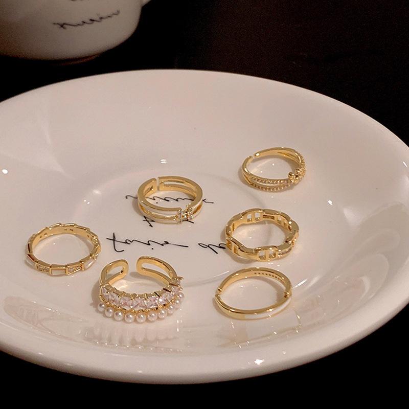 Light Luxury Double Row Pearl Zircon Open Ring Collection Women'S Niche Unique Fashion Temperament Versatile Ring Ring