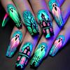 Easy Apply Halloween Fake Nail Blue Spiders Web Ghosted Design Long ABS Build Nail For Costume Parties 24Pcs/set