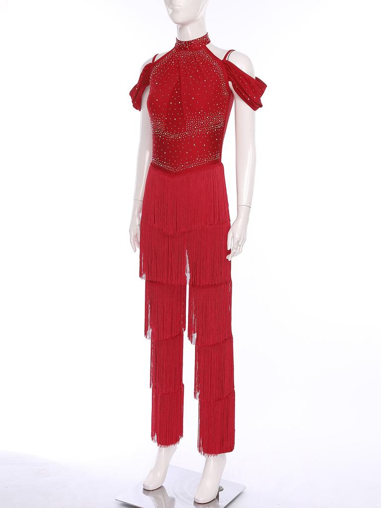 Женский комбинезон для латиноамериканских танцев и вечеринок S-XXL: Комбинезоны с вырезом на шее, открытыми плечами, без спинки, со стразами, многоярусной бахромой для Самбы, Румбы, Бальных танцев