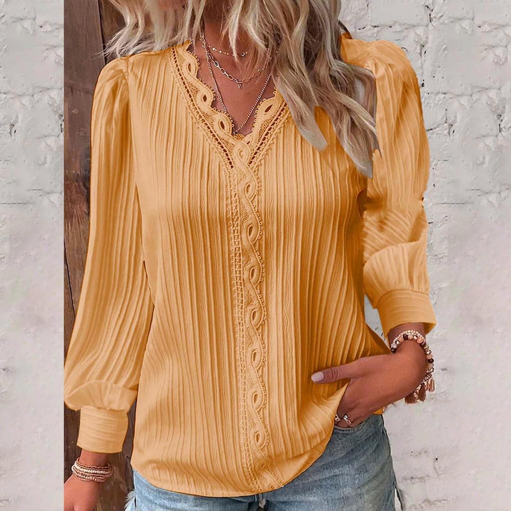 Женская кружевная рубашка с длинными рукавами и V-образным вырезом