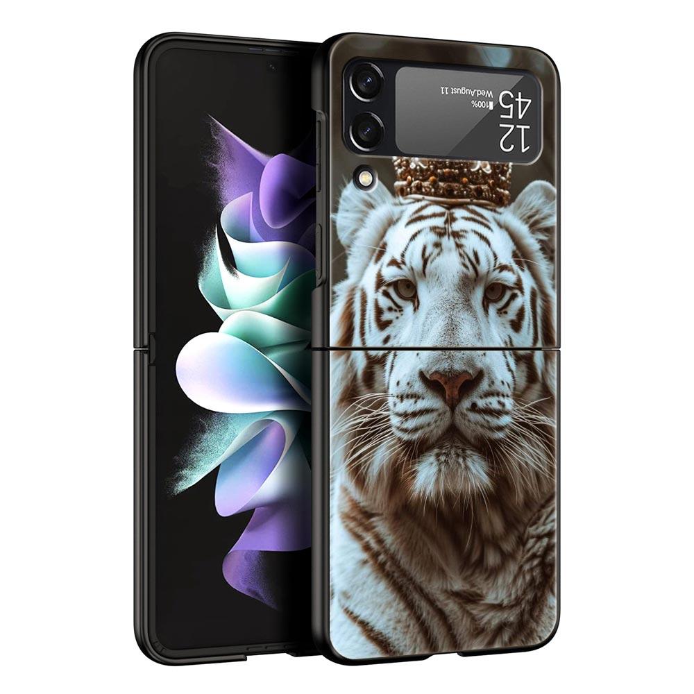 Чехол для телефона Samsung Galaxy Z Flip 3 4 5 6 7 Складной Черный Корпус Для Samsung Z Flip4 Flip5 ПК Жесткая Крышка Животное Белый Тигр