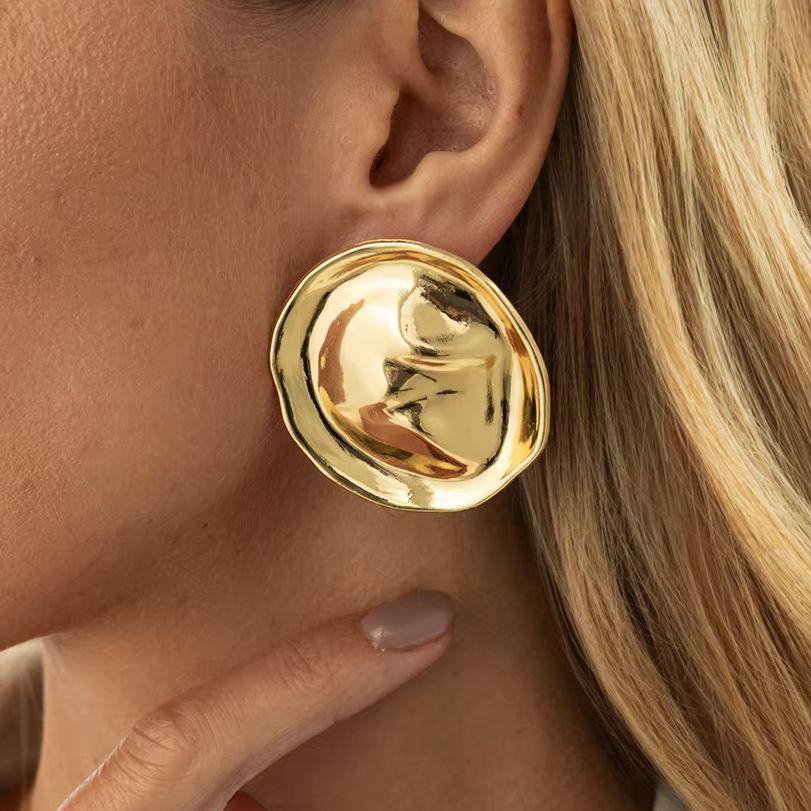 SHIXIN Trendy Geometric Round Stud Earrings for Women Retro Glossy Irregular Gold Color Piercing Earrings Fashion Jewelry Gift