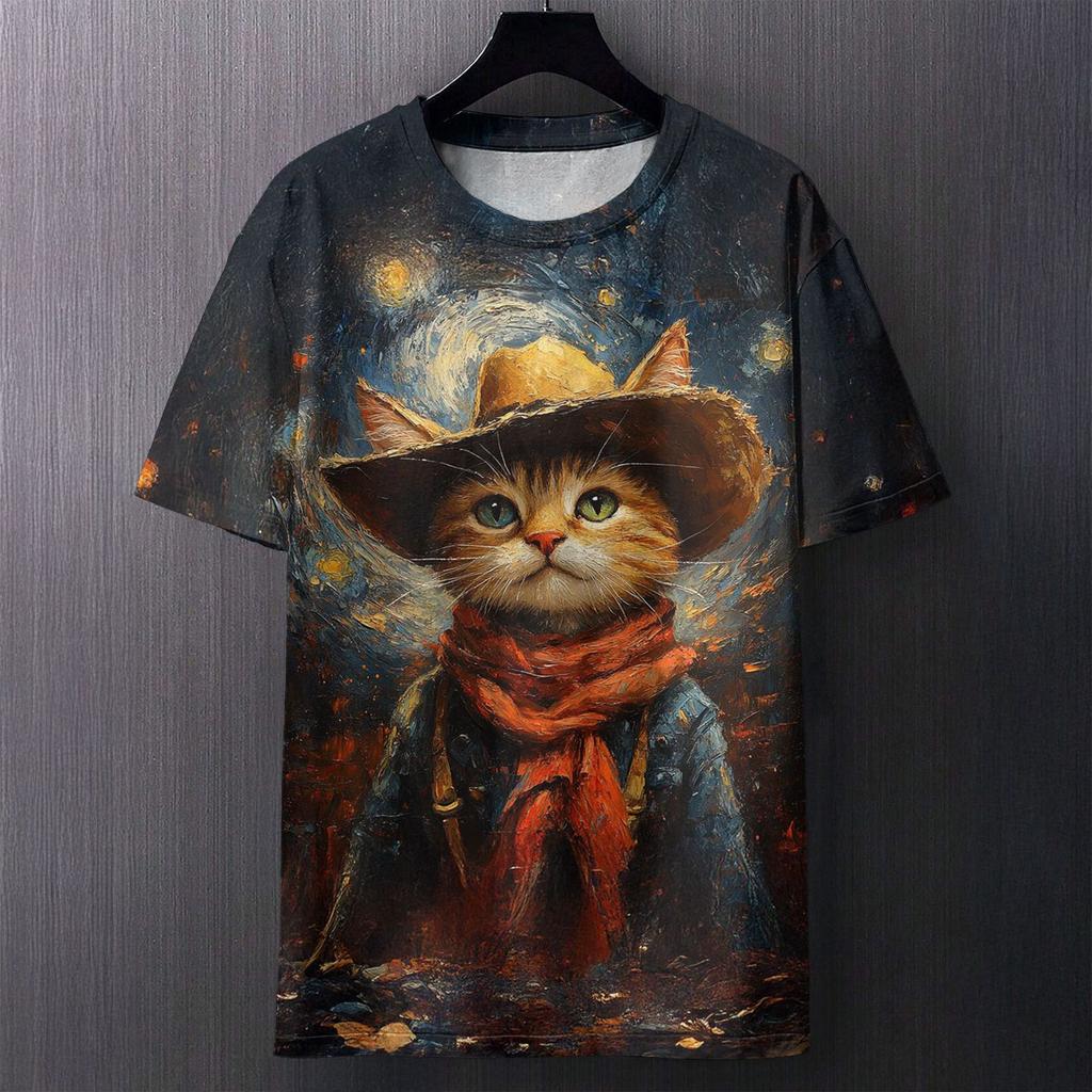 Fun Cat Pattern Printed T-shirt Summer Casual Loose Round Neck Short Sleeved Men's T-shirts