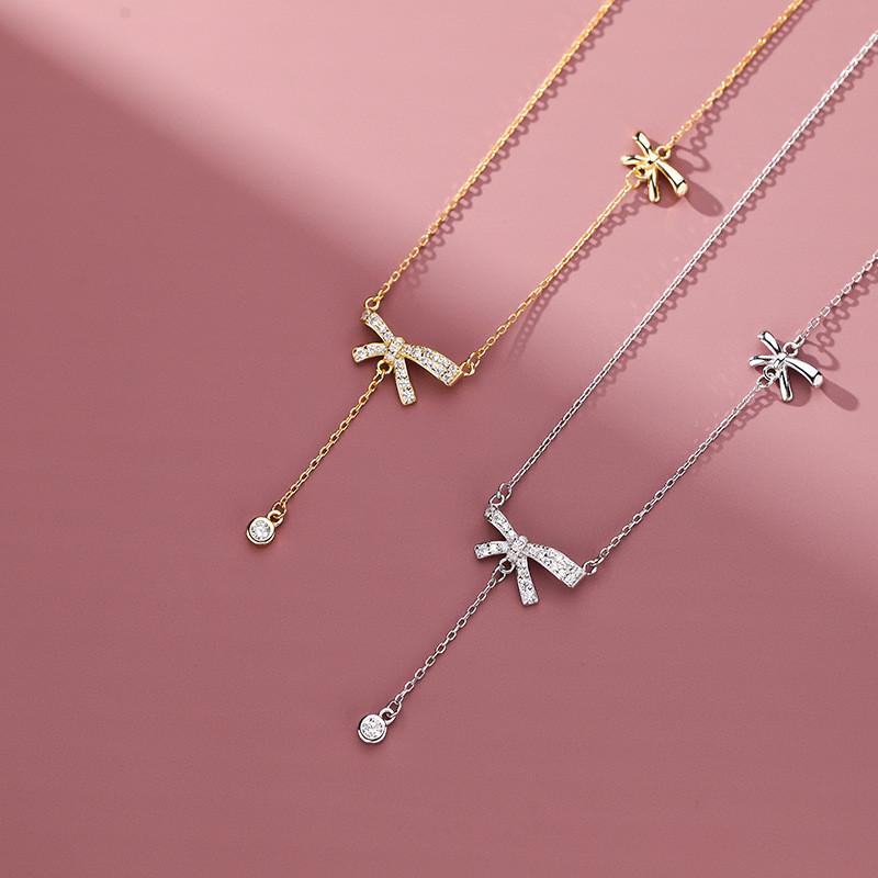 925 sterling silver Inlaid Zircon Bow Necklace for Women Elegant Sweet Clavicle Chain All-match Jewelry Gift