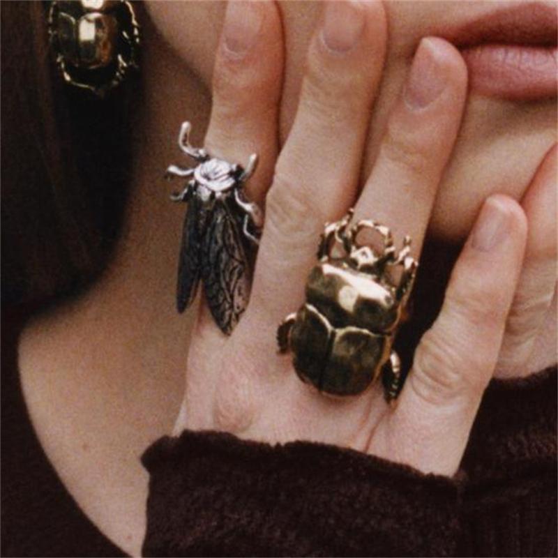 Retro Insect Open Ring For Women Beetle Cicada Punk Hip Hop Adjustable Finger Ring Trendy Daily Party Jewelry Accessory