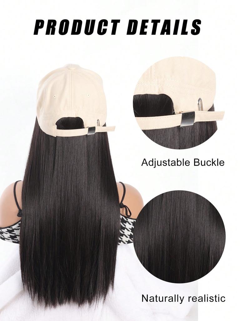Synthetic Hat Wig 'LY' Embroidered Beige Duck Caps With Long Straight Hair Extensions For Women Hat And Wig In One Piece For Daily Use In Winter