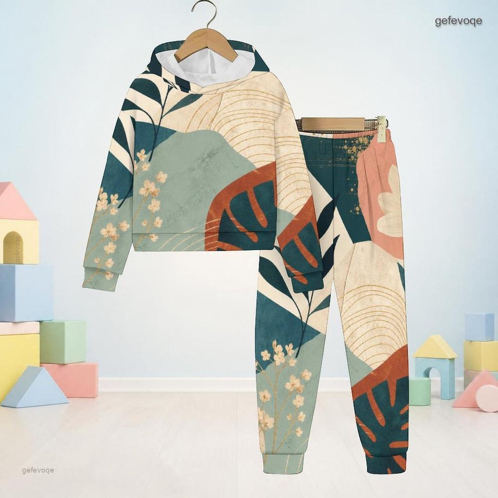 Boys Girls Abstract Floral Printed Hooded Long Sleeve Sweatshirt Cuffed Pants Two Piece Set