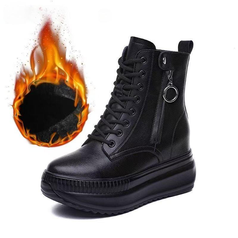 Модные новые женские ботильоны на платформе с увеличением высоты на 8 см, из натуральной коровьей кожи, на массивной платформе, повседневные короткие ботинки, теплые осенне-зимние туфли, черные