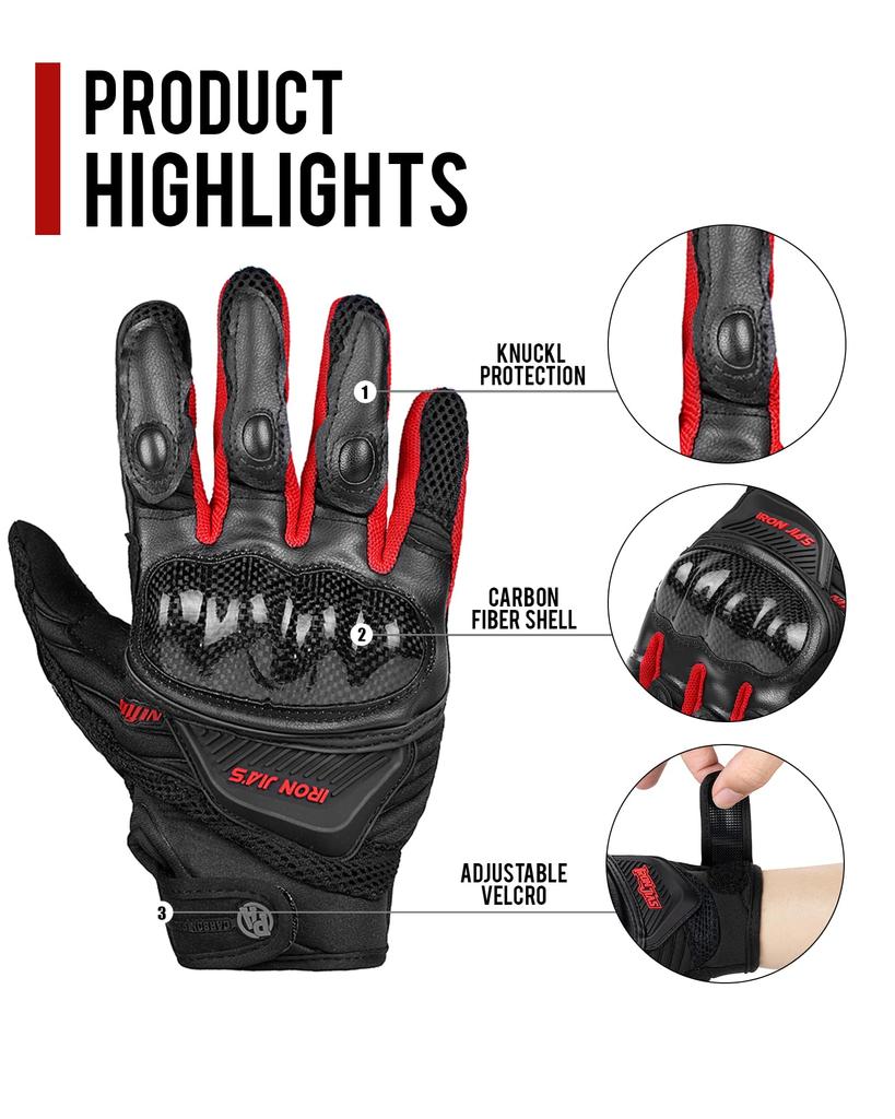 Мотоциклетные перчатки для весны и лета, дышащая карбоновая кожа, совместимы с сенсорным экраном (красный, XXL)