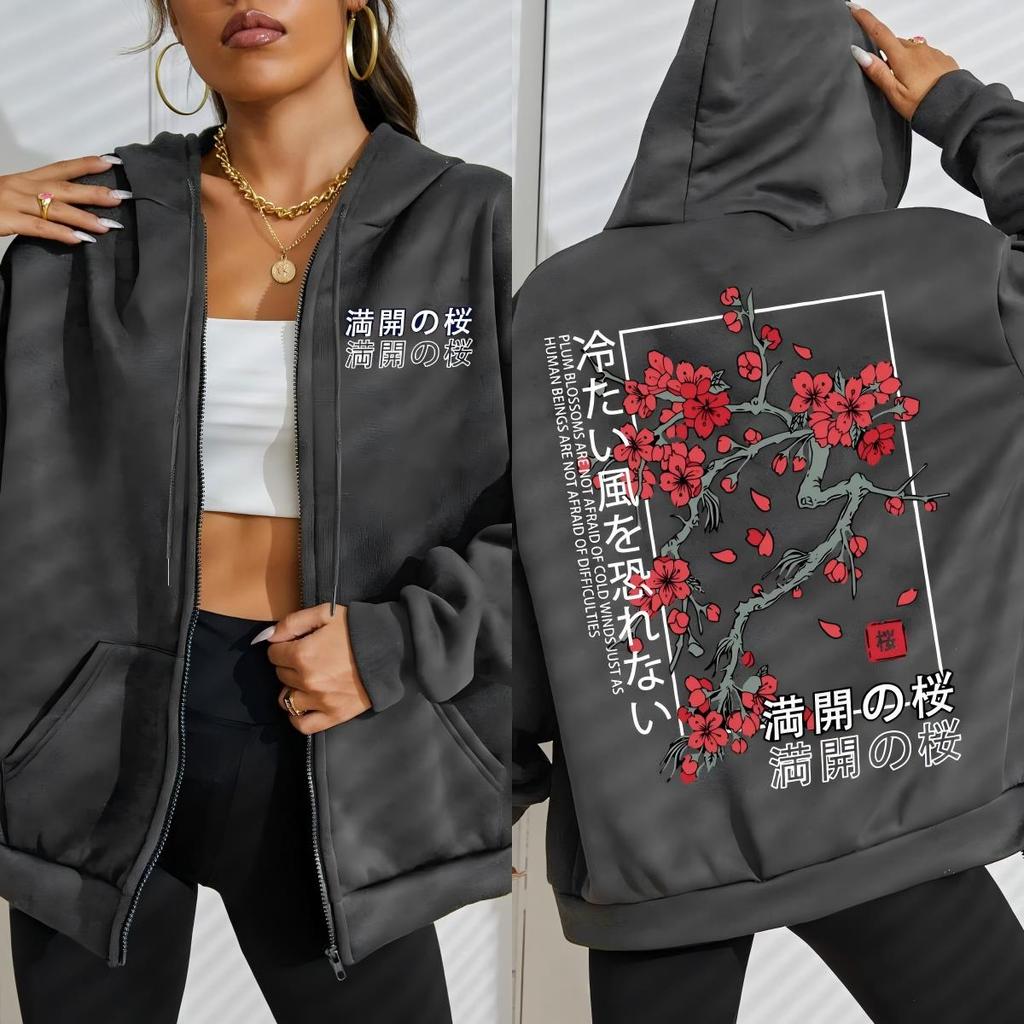 Japan Tokyo Beautiful Cherry Blossom Creative Letter Prints Zipper Hoodies Women Autumn Streetwear Fleece Hoody