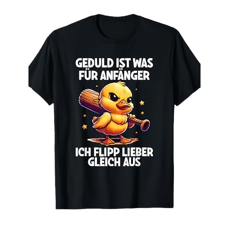 Men's black short sleeve t-shirt with funny angry duck holding bat graphic, German text humor print, crew neck casual wear for everyday comfort