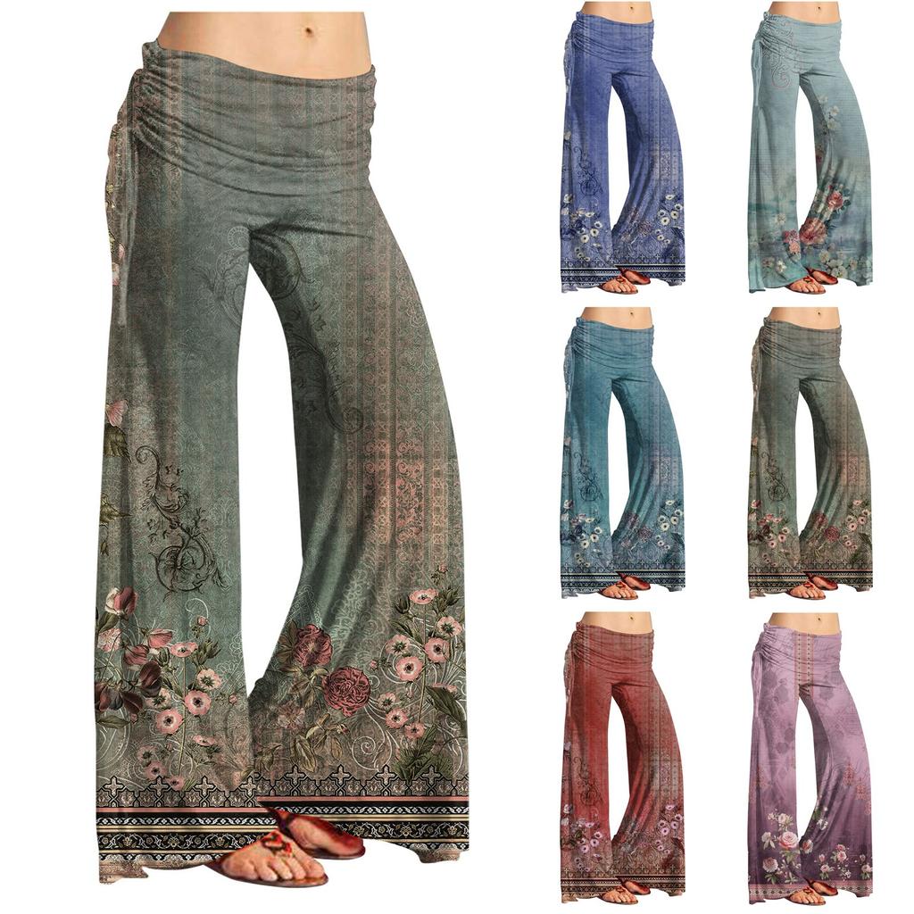 Women's Fashion Vintage Print Casual Flared Drawstring Trousers Wide Leg Pants