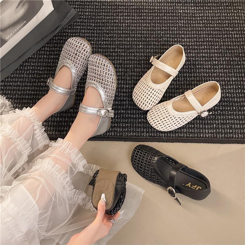 Mary Jane Single Shoes Women's Summer New Hollow Fishing Net Crocheted Silver Light Mouth Beanie Shoes Women's Shoes