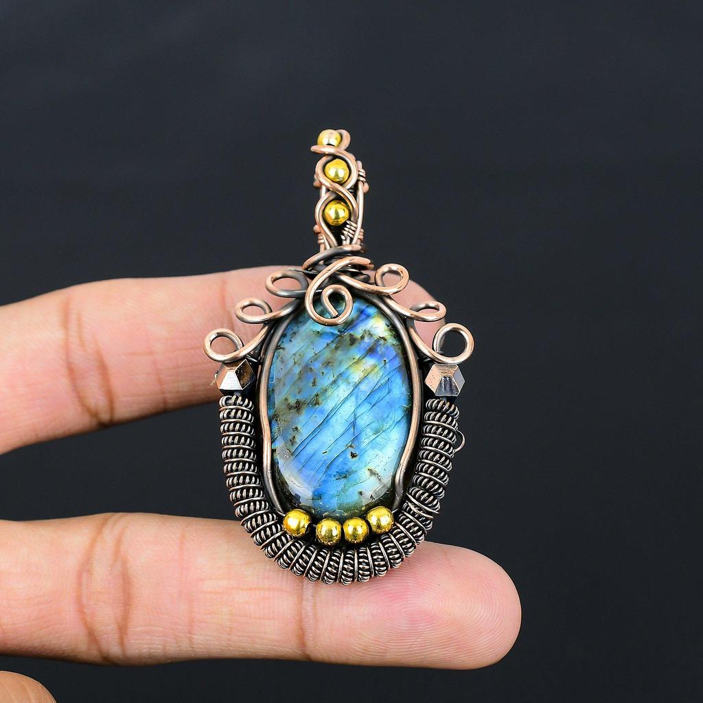 Labradorite Gemstone Pure Copper Wire Wrapped Handmade Pendant Jewelry Gift For Her