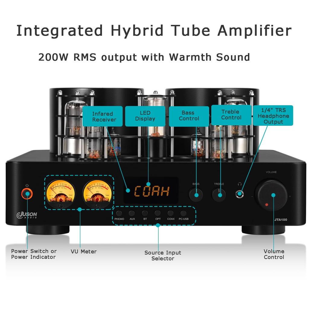 Juson Audio JTA100 200 Вт ламповый усилитель со встроенным BT AUX RCA PHONO входом и выходом на наушники CH AB класс HIFI проигрыватель виниловых пластинок для дома 5.0 2.1