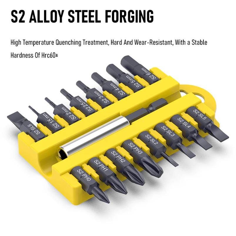 Набор из 17 шт. бит Torx, шестигранных, звездообразных (Security Tamper Proof) из легированной стали S2, с магнитным держателем, шлицевые, крестовые