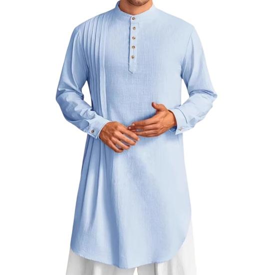 Men's Cotton Linen Kaftan Long Sleeve O-Neck Robe Solid Color Button-up Collar Thobe Breathable