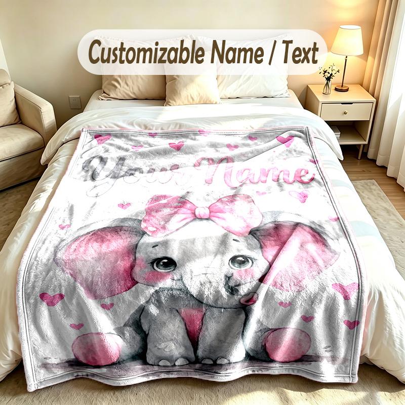 Elephant Theme Soft Blanket Personalized Custom Name Text Print Warm Blanket Home Sofa Bedroom Decor