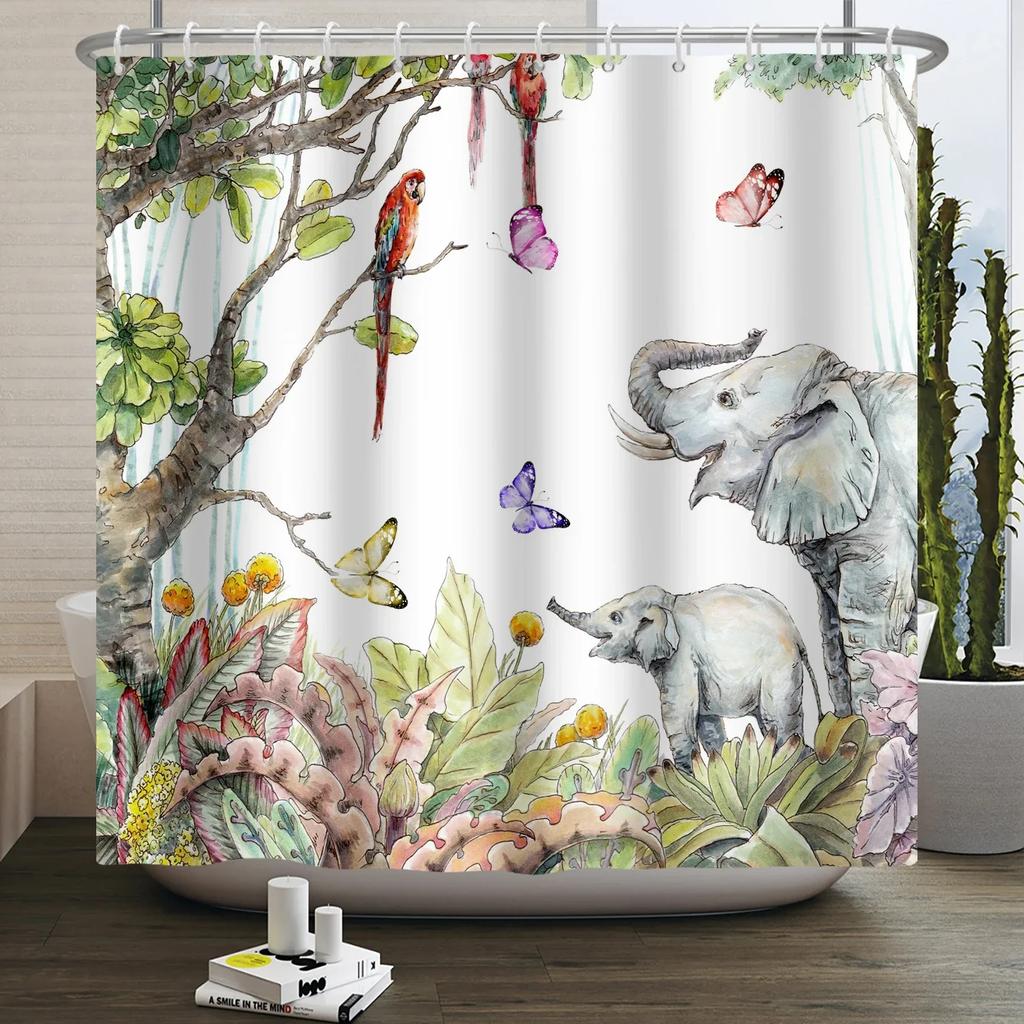 Шторка для душа Лесные животные джунгли Деревья Растения Дикая природа Птица Медведь Лось Лиса Олень Олень Современный Минималистичный Детская Ванная Шторка для душа