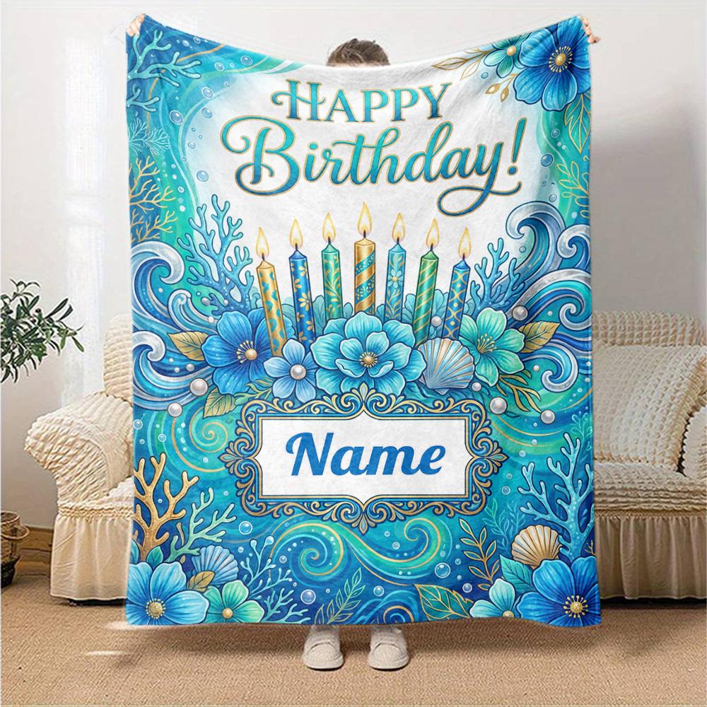 Oceanic Birthday Celebration Blanket Customize Your Name Warmthful Decor Perfect For Sofa Couch Office Bed Picnics For All Occasions Stylish Decor