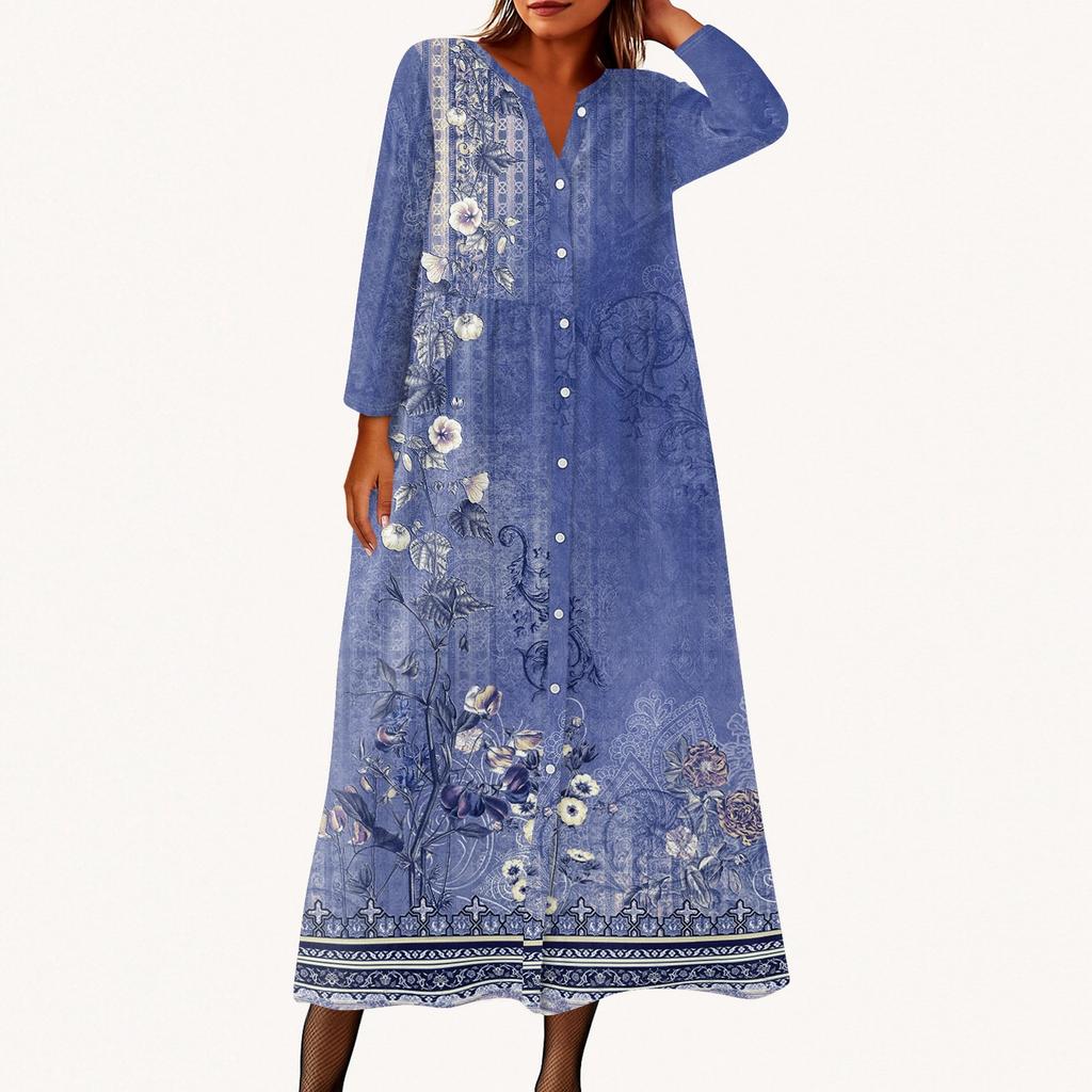 Women's Fashionable Printed Round Neck Seven Quarter Sleeve Button Loose Shirt Dress