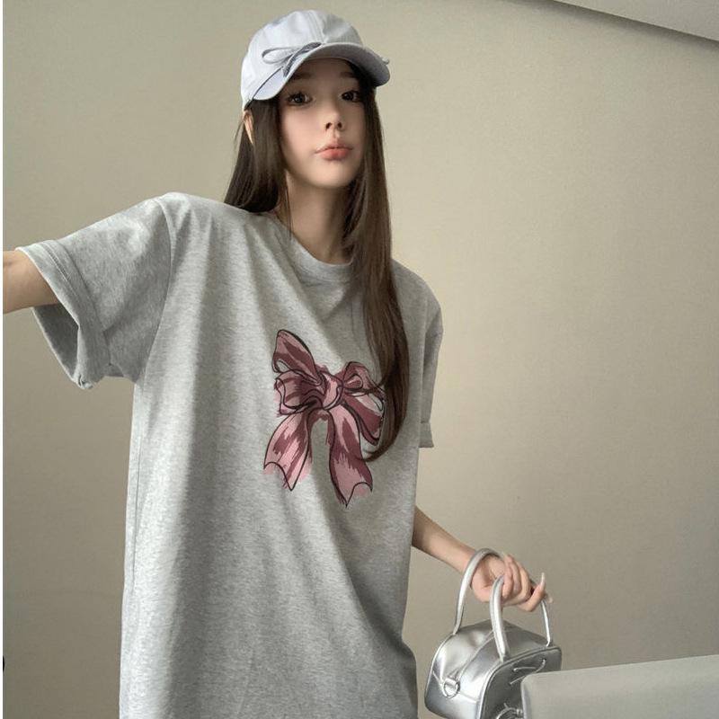 Lower clothes missing short-sleeved t-shirt women's summer Korean loose medium and long large version top 2026 new dress