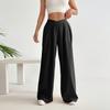 Женские прямые брюки с высокой талией, повседневные однотонные широкие брюки с боковой молнией