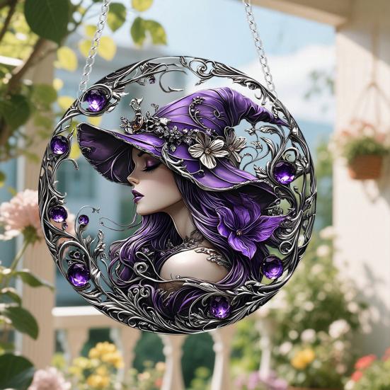 Halloween Witch Black Cat Hanging Sign 2D Flat Acrylic Broom