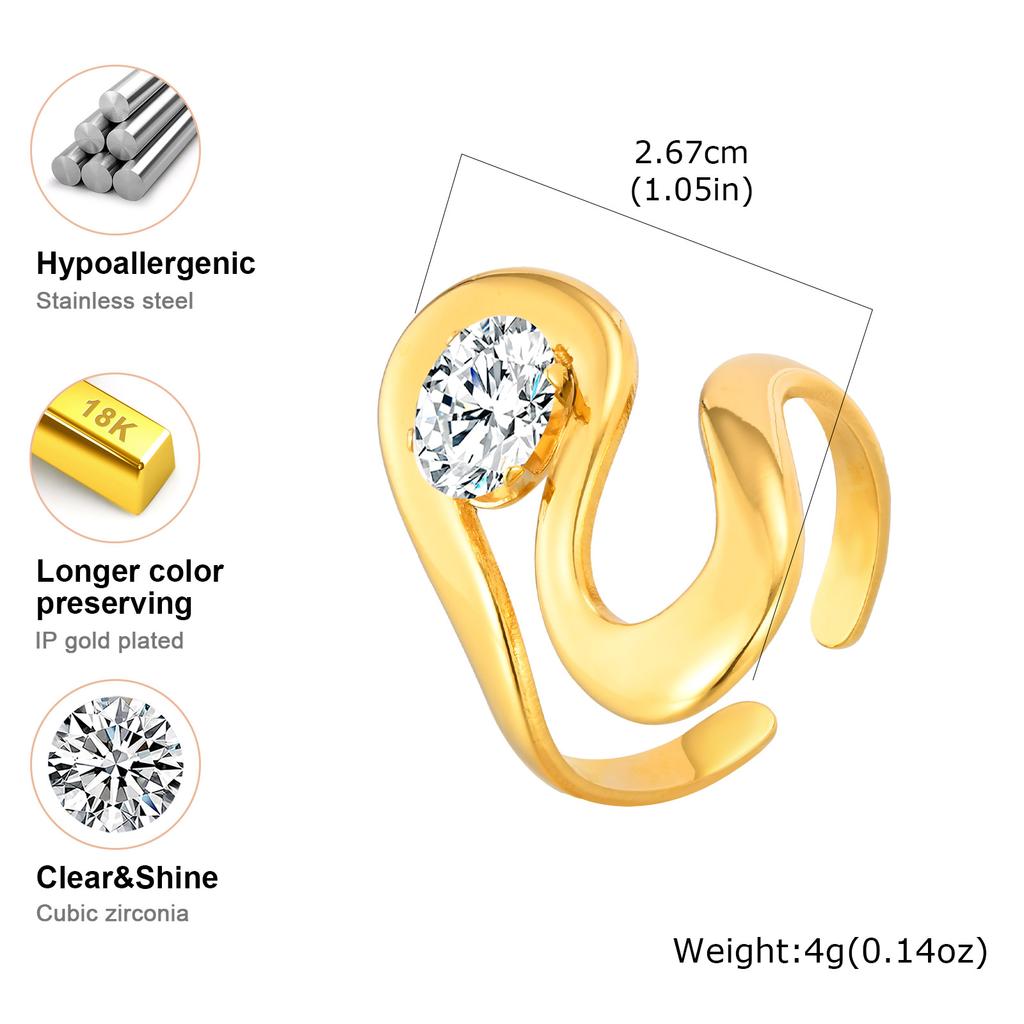 Cubic Zircon Irregular Hollow Opening Ring for Women, Geometric Twist Lines Stainless Steel Ring, Fashion Waterproof Jewelry